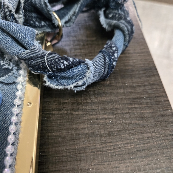 2 Pc Set Denim Patchwork Clutch And Matching Cuff Bracelet with Embellishments - Picture 5 of 9